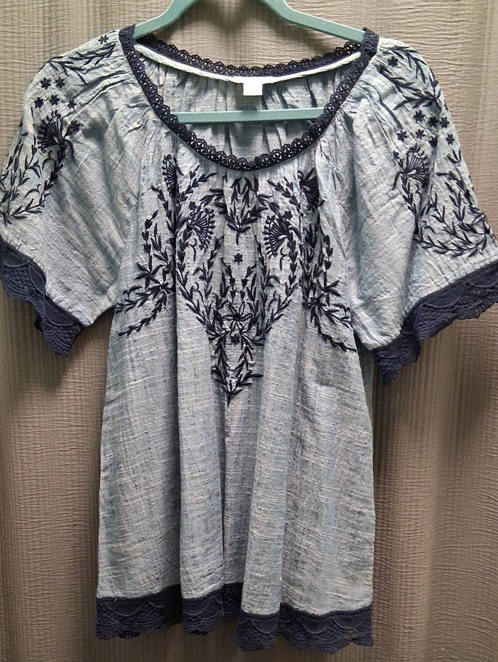 Sundance Light Blue Top with Navy Embroidery and Navy Lace Trim